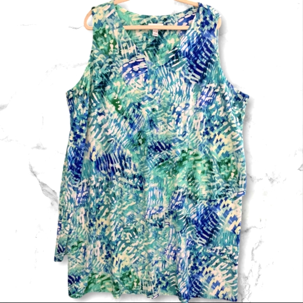 Susan Graver Tiered Pullover Dress Blue White Green Watercolor Print Size MP EUC